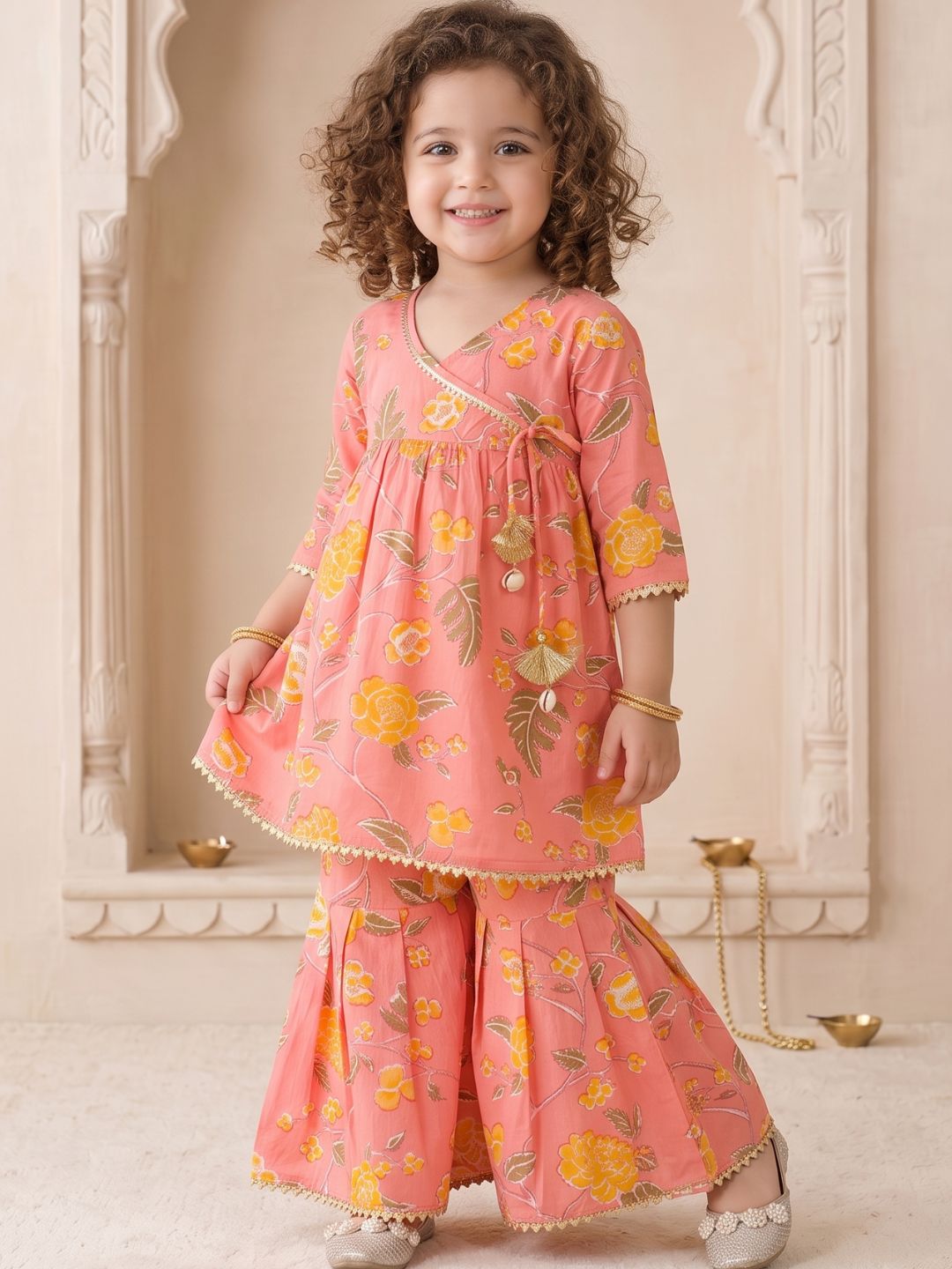 Girls Peach Floral Print Pure Cotton Sharara for Kids