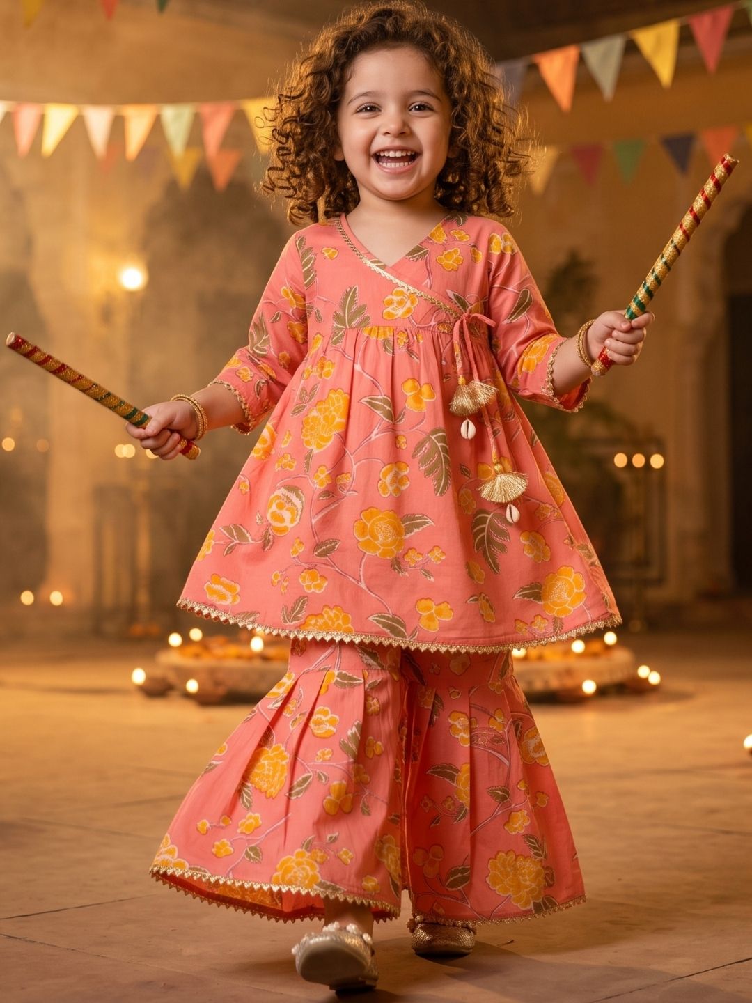 Girls Peach Floral Print Pure Cotton Sharara for Kids