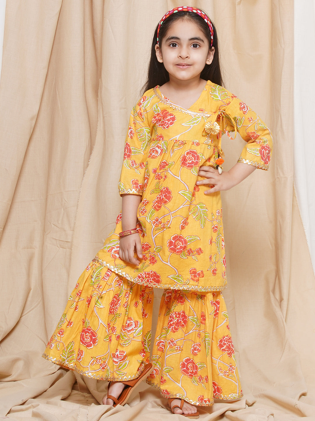 Kids Girls Yellow Floral Print Pure Cotton Sharara