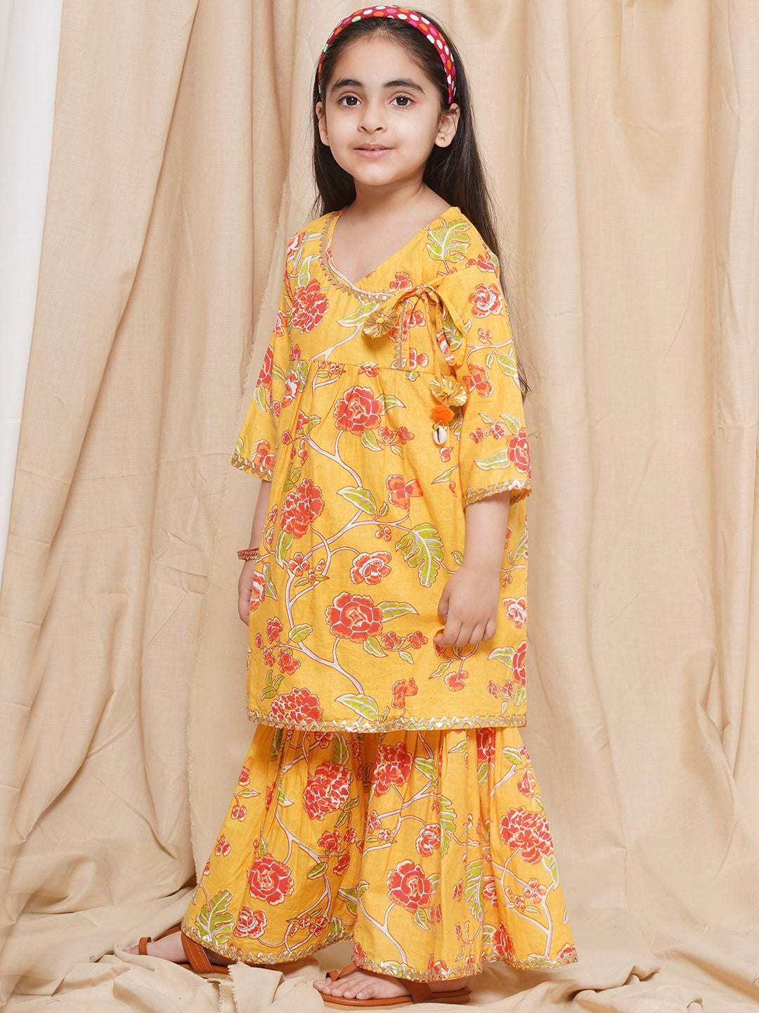 Kids Girls Yellow Floral Print Pure Cotton Sharara