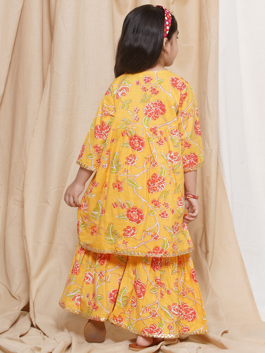 Kids Girls Yellow Floral Print Pure Cotton Sharara