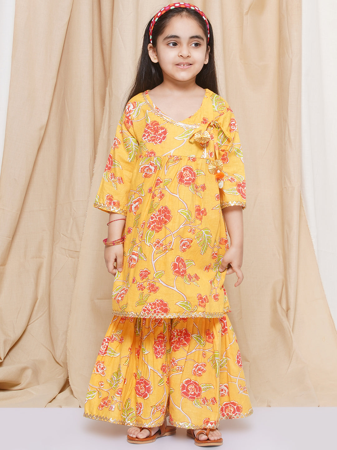 Kids Girls Yellow Floral Print Pure Cotton Sharara