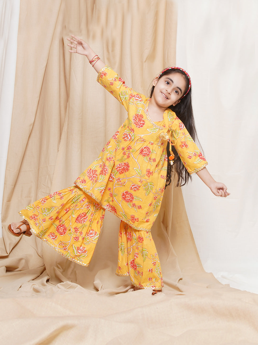 Kids Girls Yellow Floral Print Pure Cotton Sharara