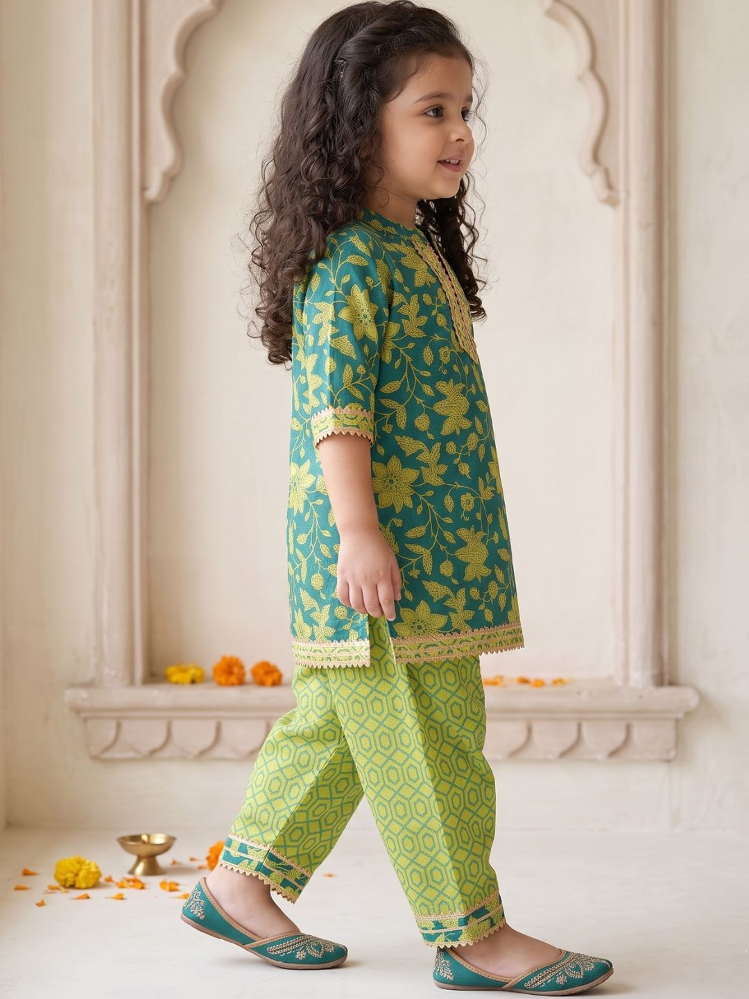 Girls Green Floral Print Pure Cotton Patiala Suit for Kids