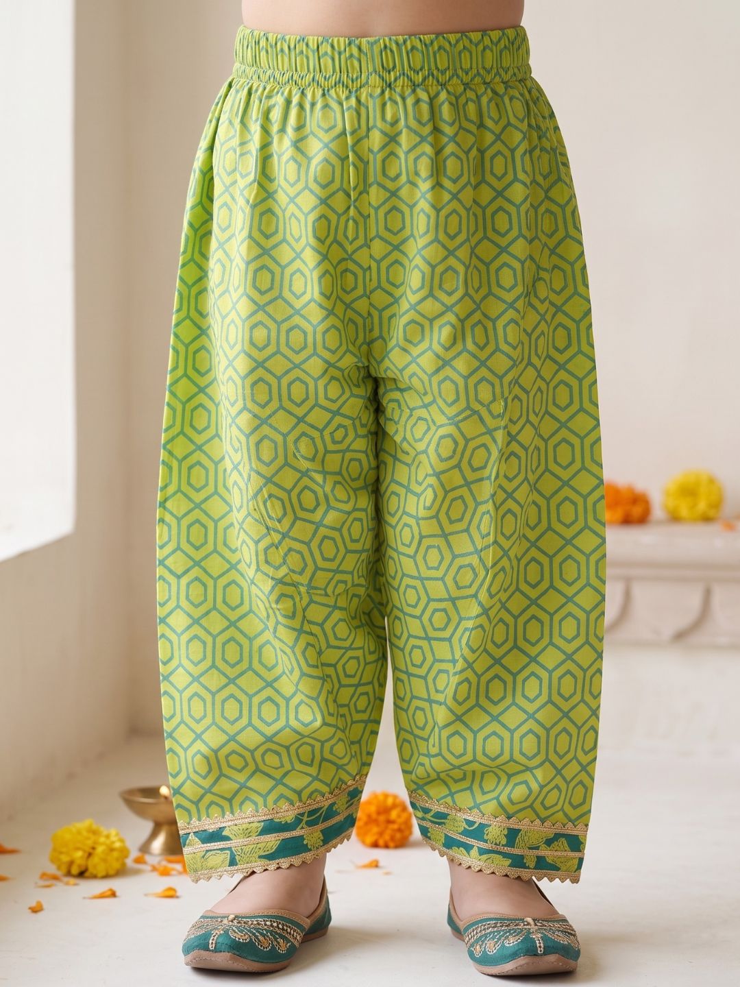 Girls Green Floral Print Pure Cotton Patiala Suit for Kids
