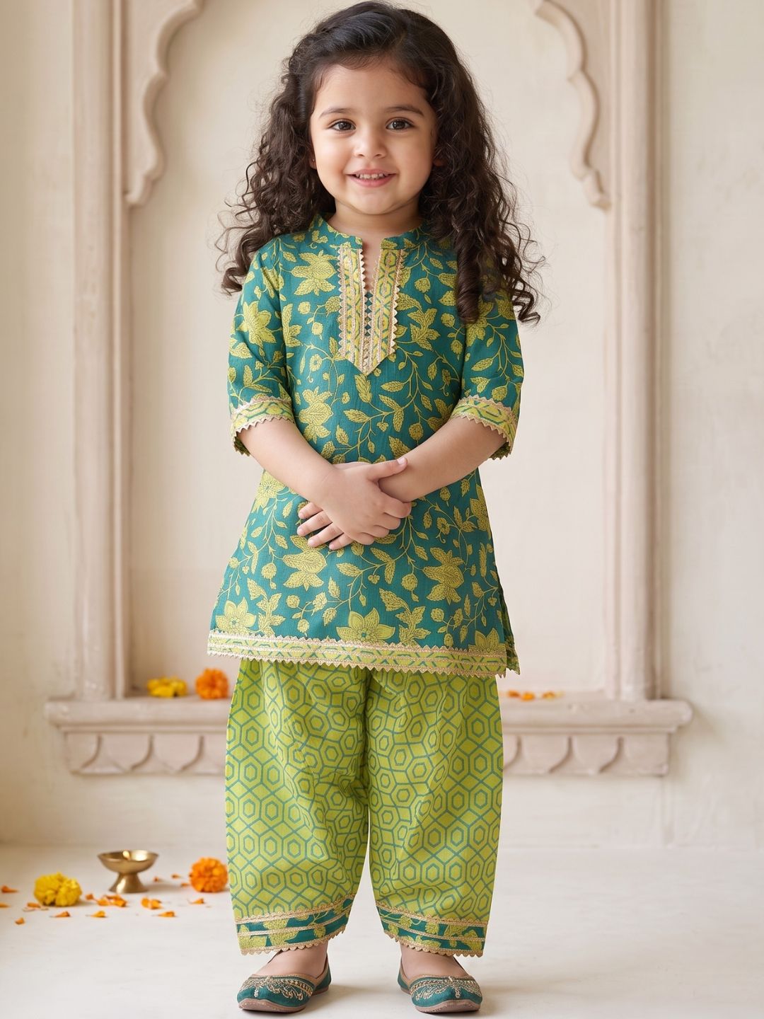 Girls Green Floral Print Pure Cotton Patiala Suit for Kids