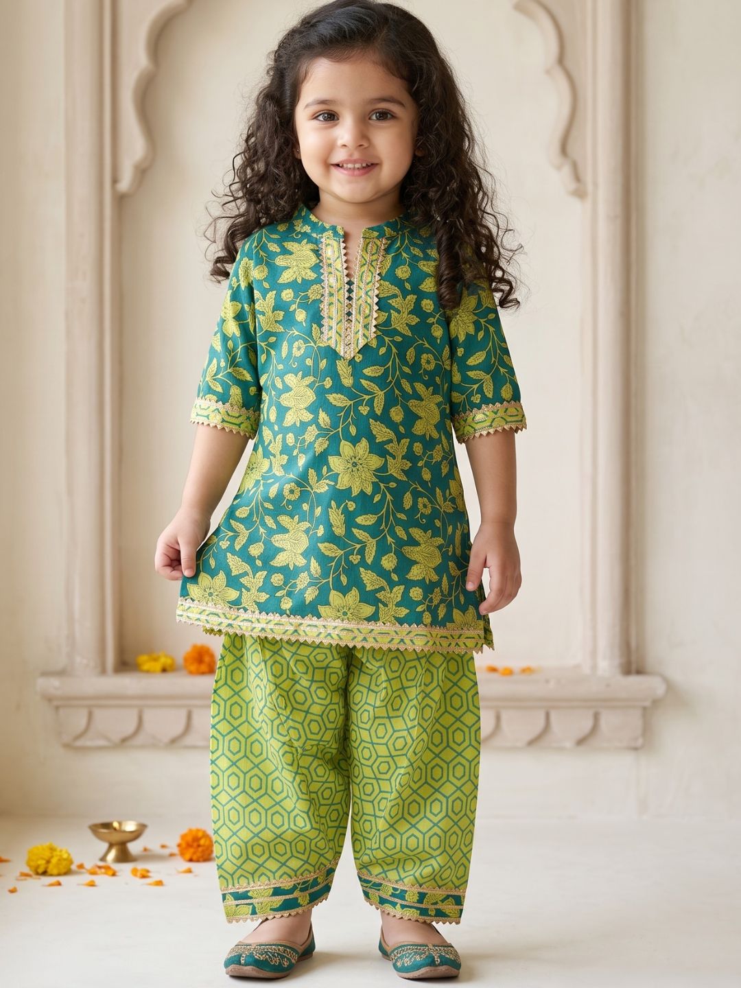 Girls Green Floral Print Pure Cotton Patiala Suit for Kids