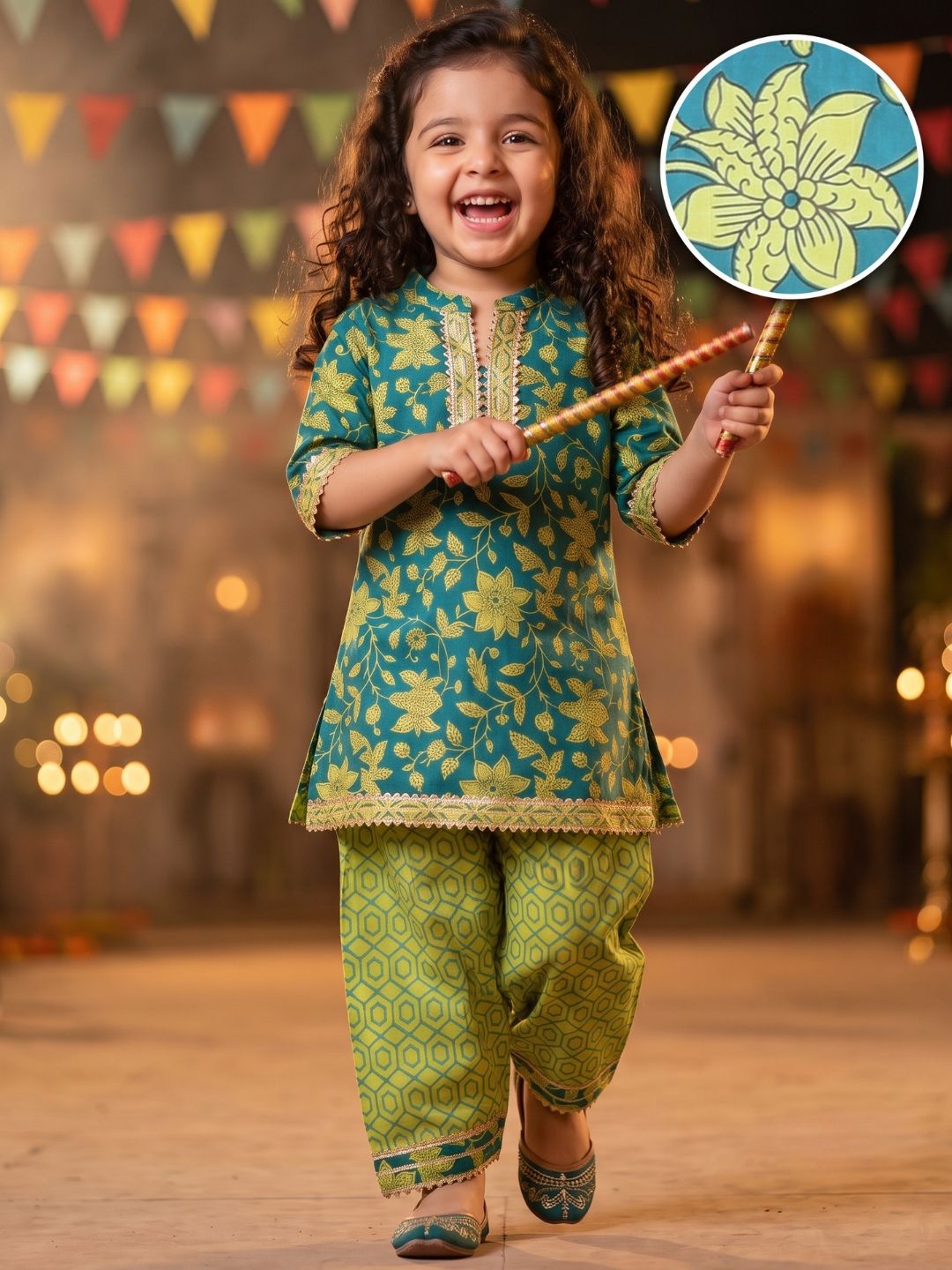 Girls Green Floral Print Pure Cotton Patiala Suit for Kids