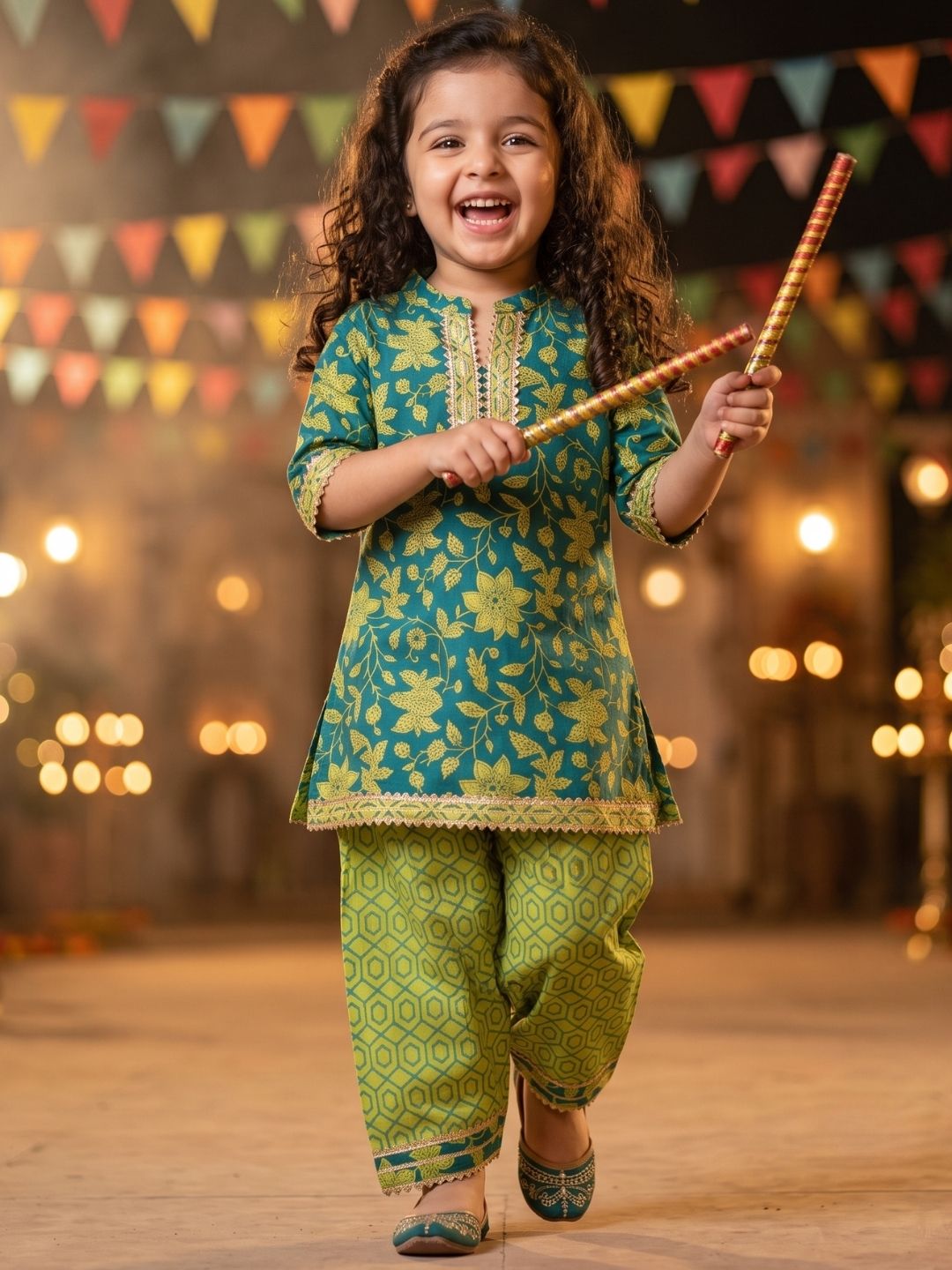 Girls Green Floral Print Pure Cotton Patiala Suit for Kids
