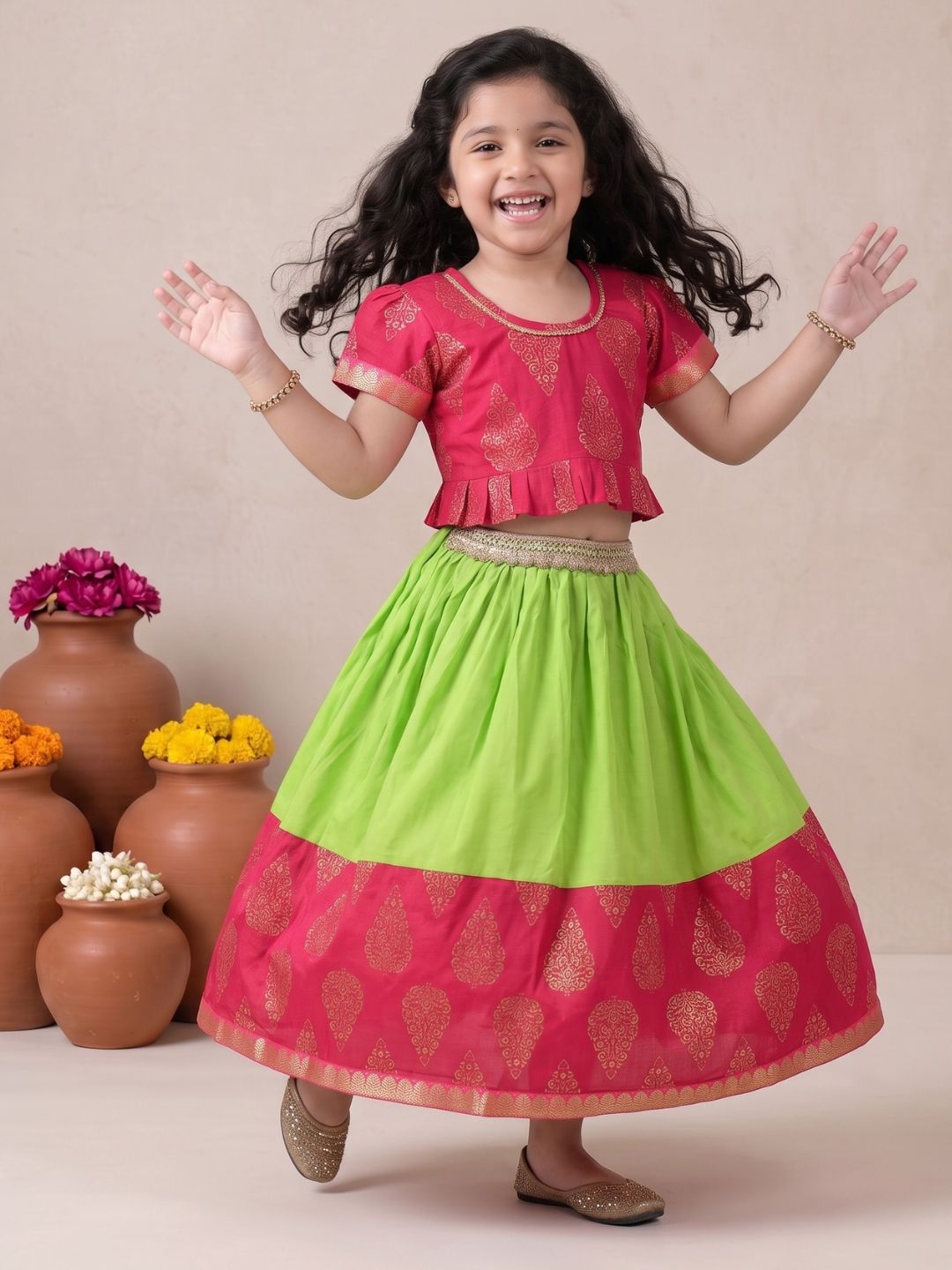 Girls Pink Block Print Cotton Blend Lehenga Choli for Girls