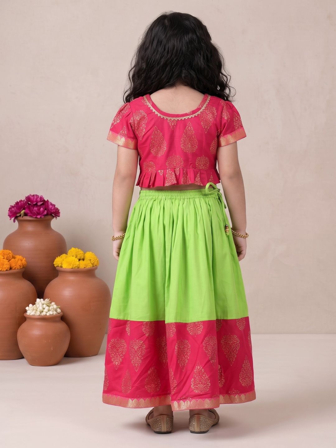 Girls Pink Block Print Cotton Blend Lehenga Choli for Girls