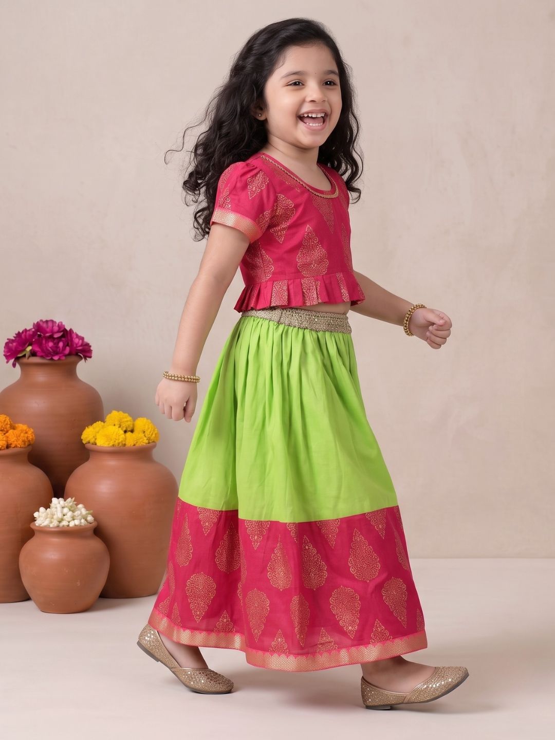 Girls Pink Block Print Cotton Blend Lehenga Choli for Girls