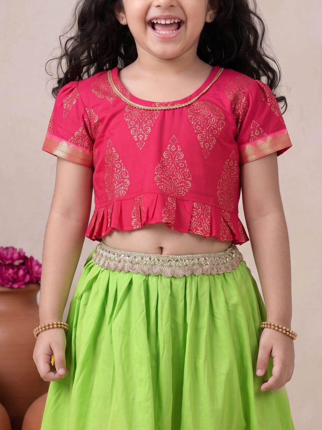 Girls Pink Block Print Cotton Blend Lehenga Choli for Girls