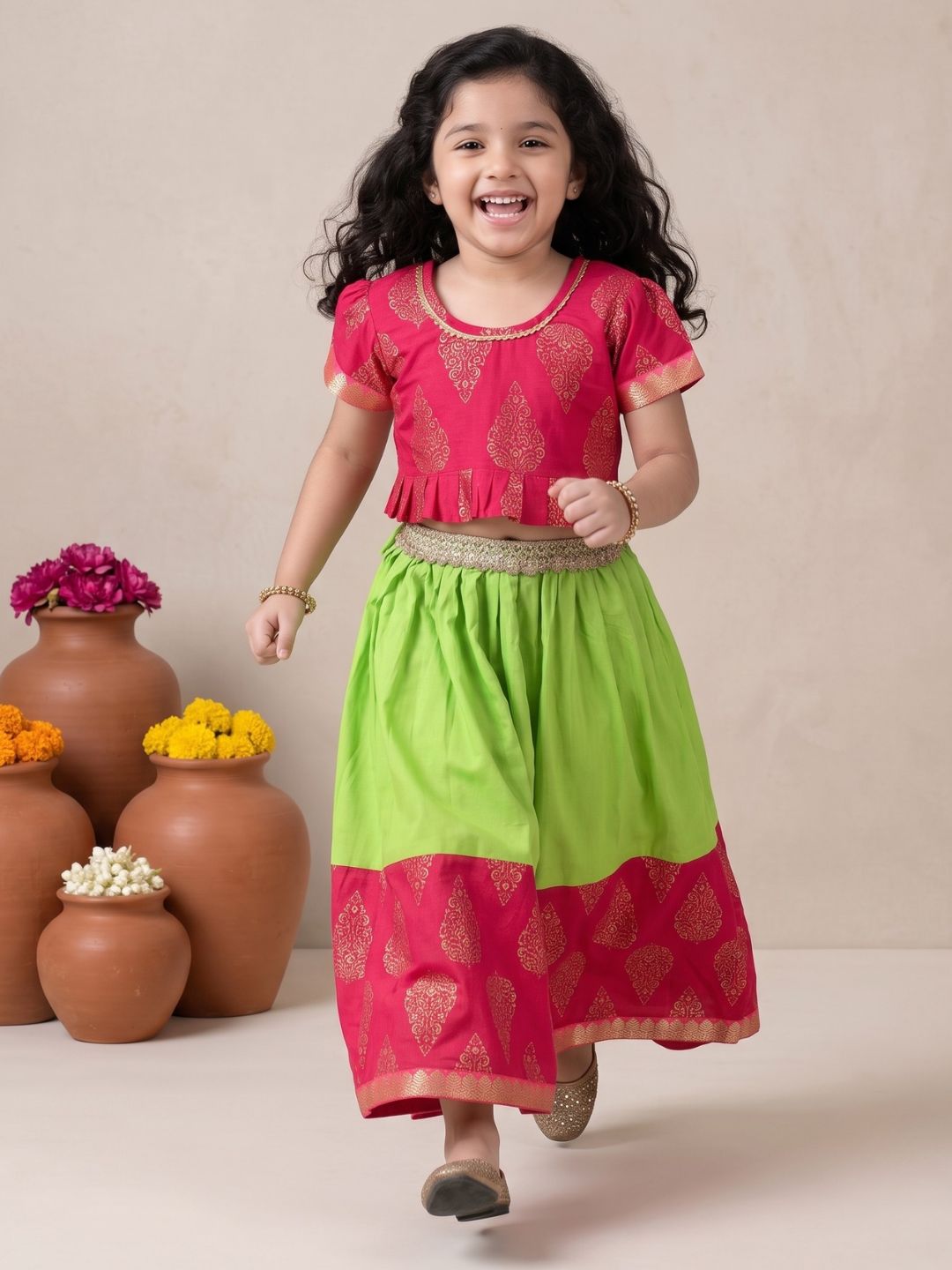 Girls Pink Block Print Cotton Blend Lehenga Choli for Girls
