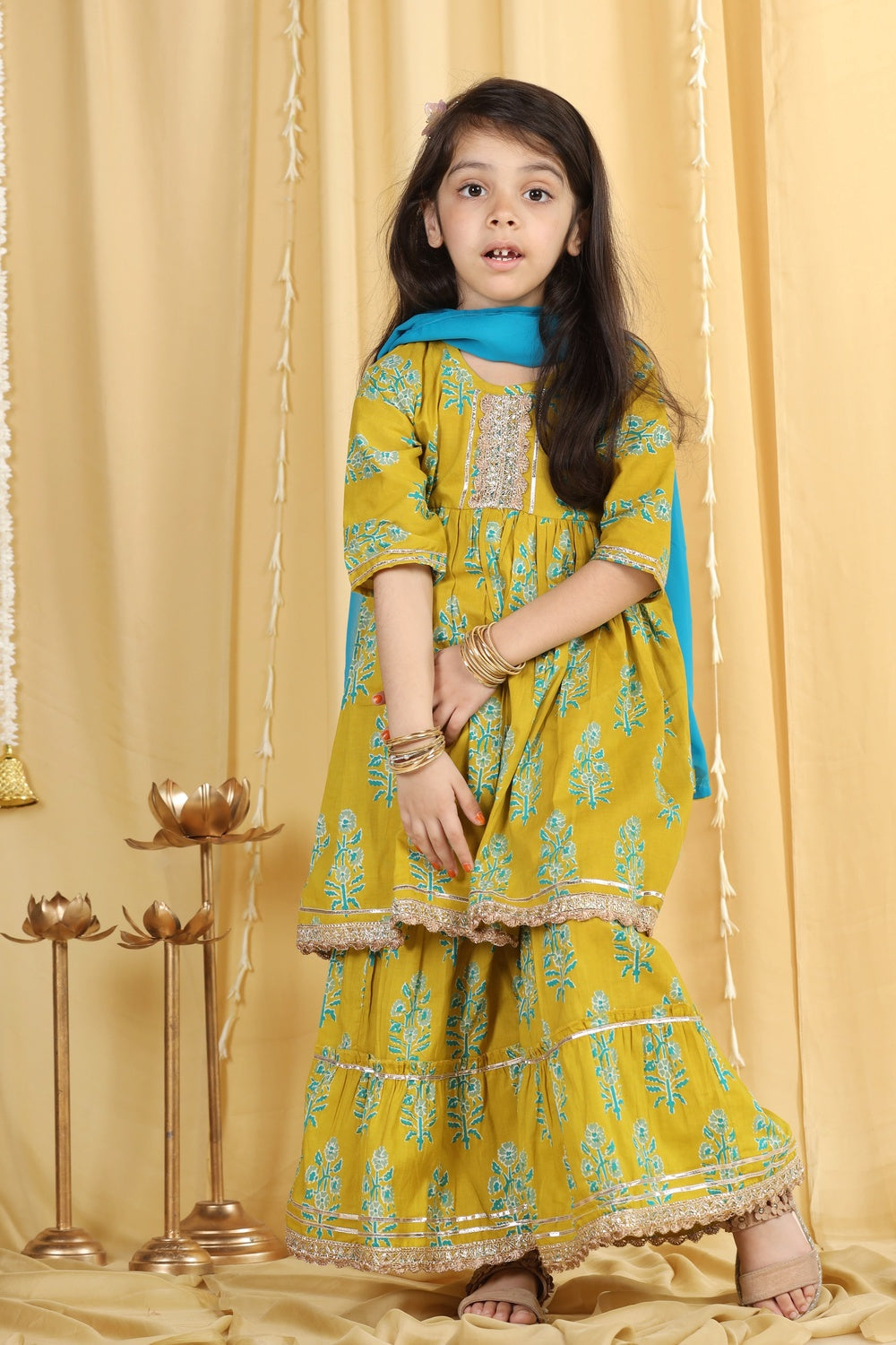 Kids Girls Green Block Print Pure Cotton Sharara