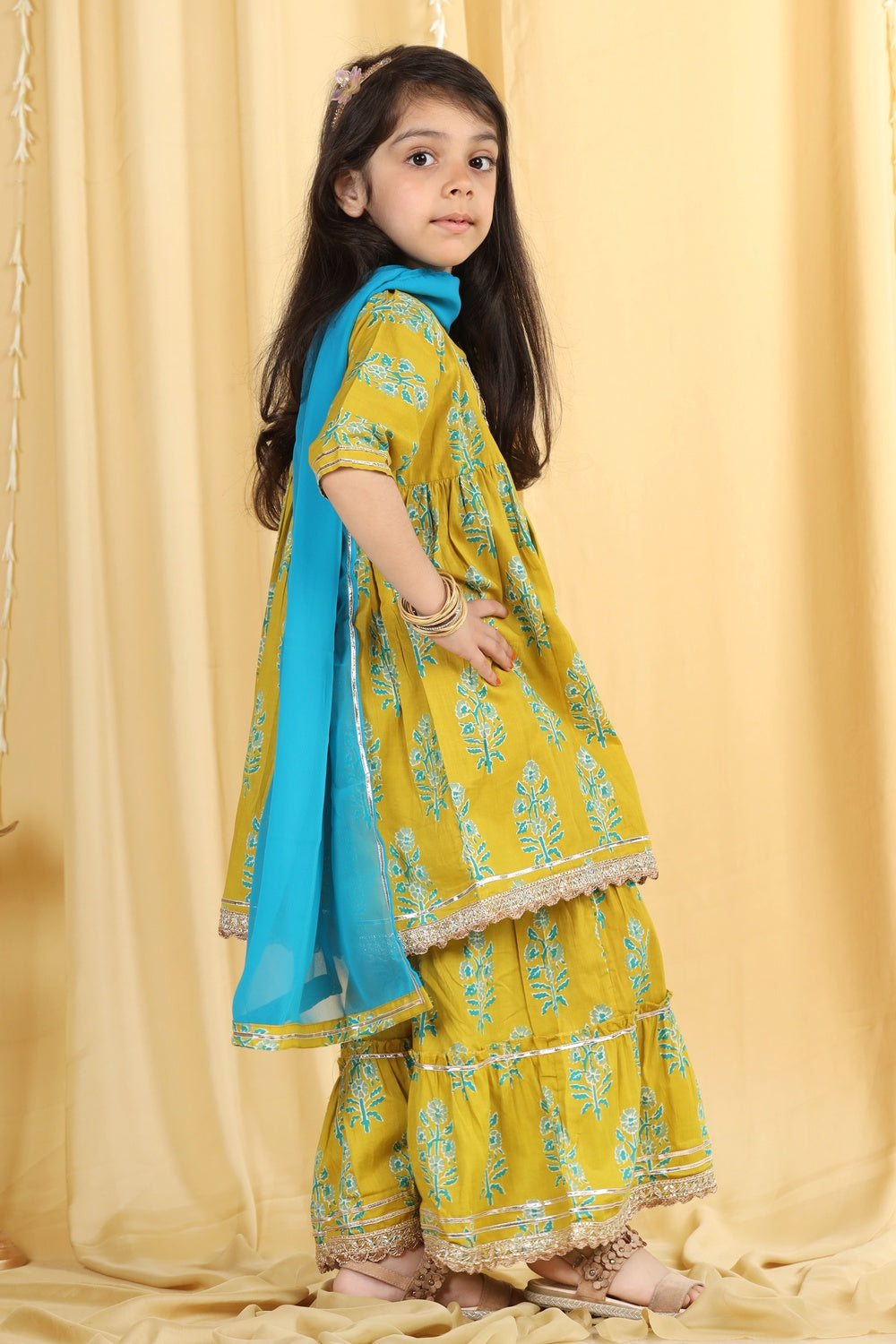 Kids Girls Green Block Print Pure Cotton Sharara