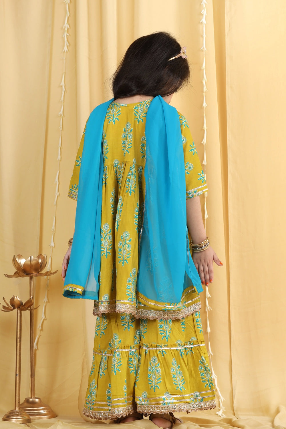 Kids Girls Green Block Print Pure Cotton Sharara