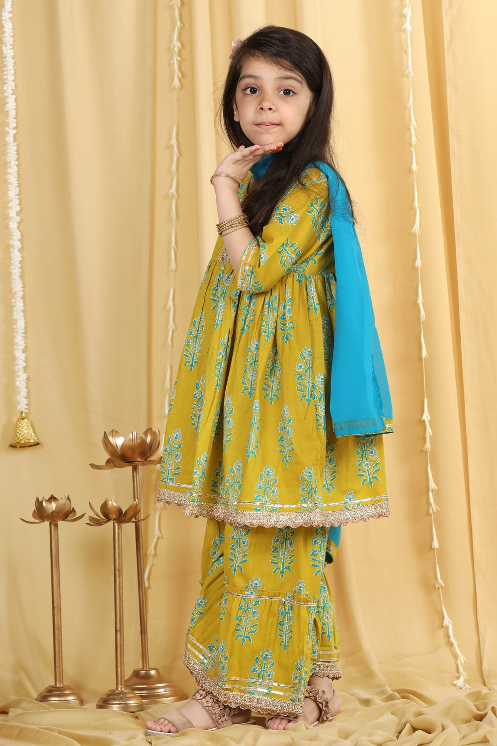 Kids Girls Green Block Print Pure Cotton Sharara