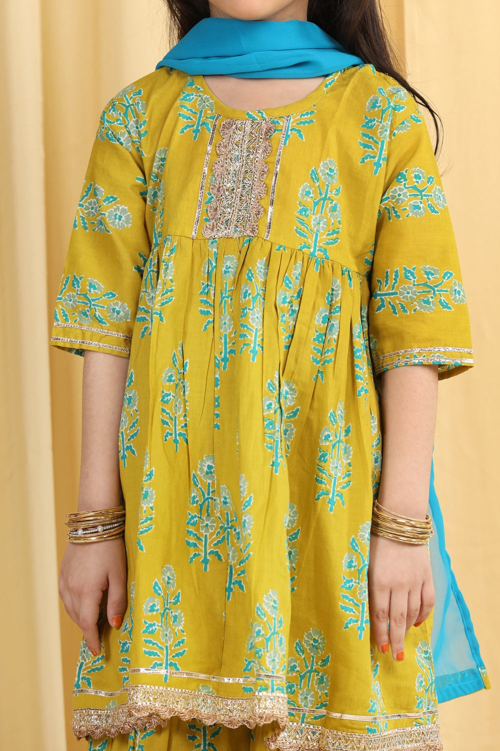 Kids Girls Green Block Print Pure Cotton Sharara