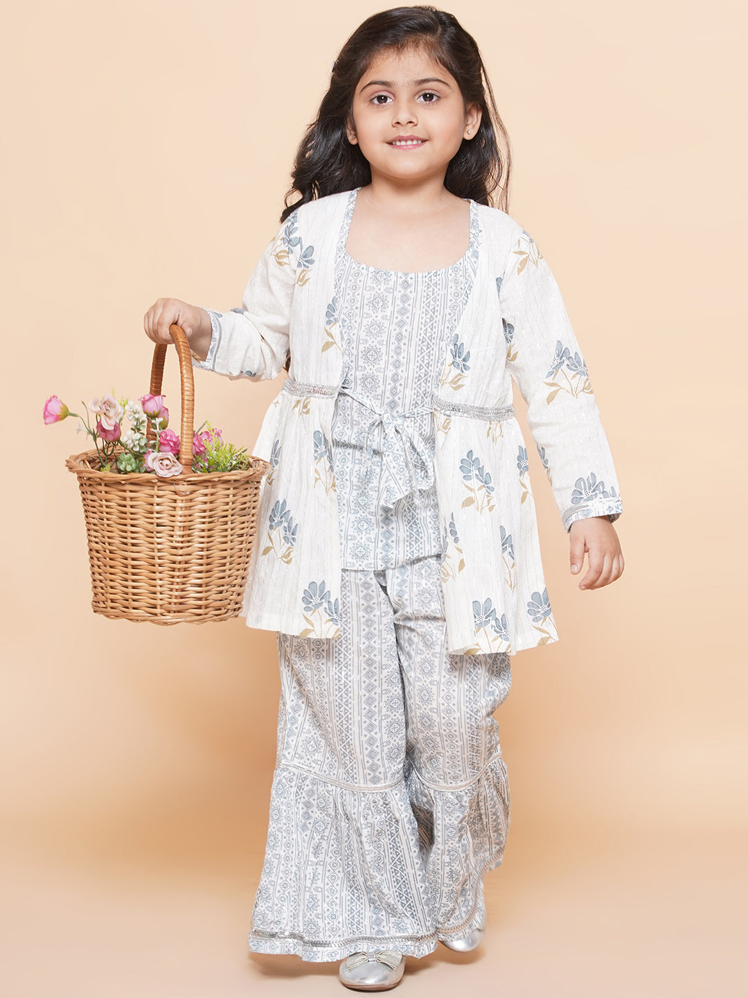 Boys Pure Cotton Kurta Pyjamas and GirlsKurti with Salwar Sibling Sets-Grey