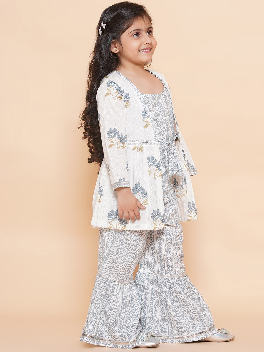 Kids Girls Grey Floral Print Cotton Sharara