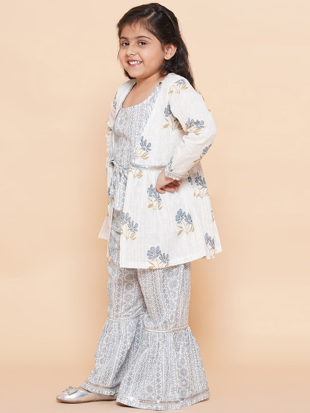Kids Girls Grey Floral Print Cotton Sharara - AJ Dezines