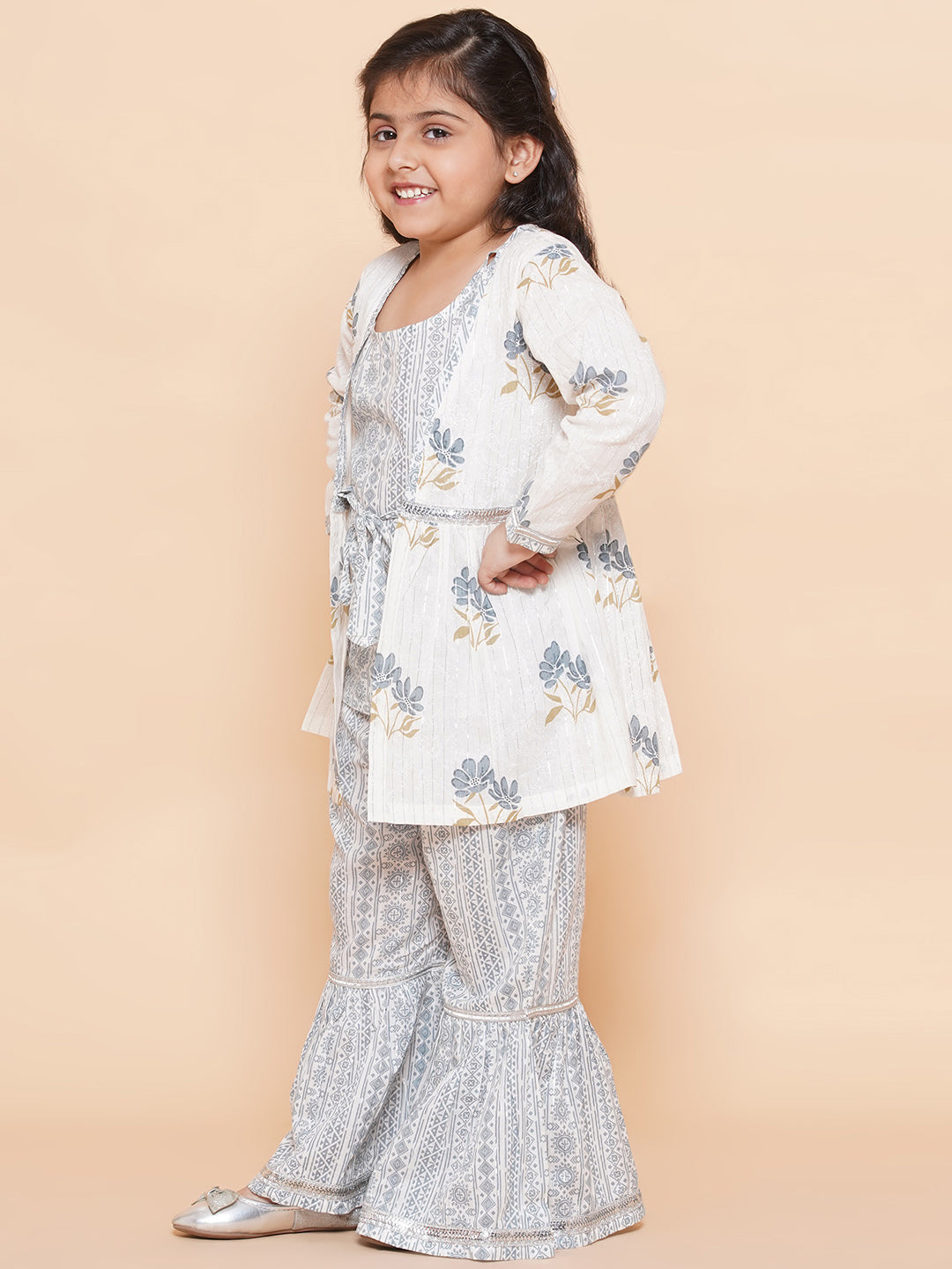 Kids Grey Cotton Floral Printed Kurta Sharara with Shrug Set For Girls