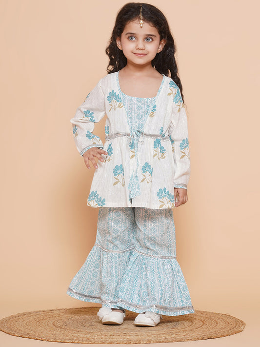 Kids White Cotton Floral Printed Kurta Sharara with Shrug Set For Girls