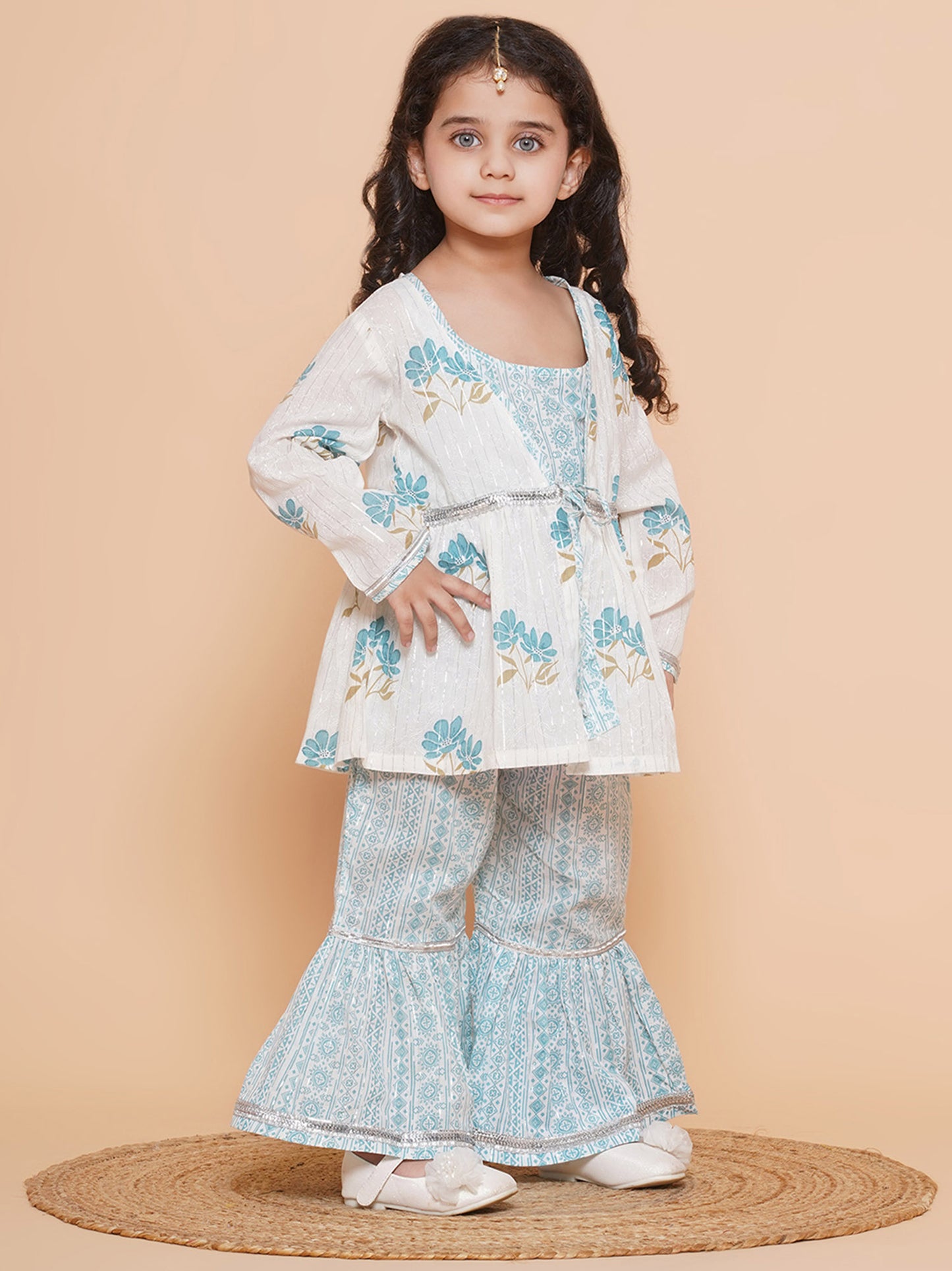 Kids Girls Blue Floral Print Cotton Sharara