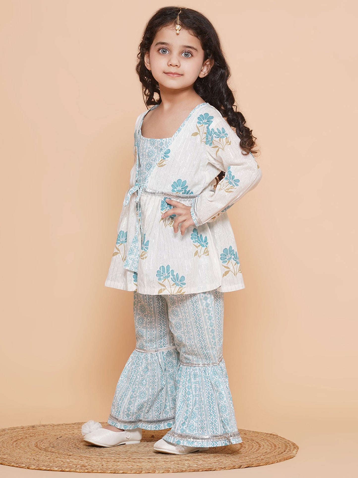 Kids Girls Blue Floral Print Cotton Sharara