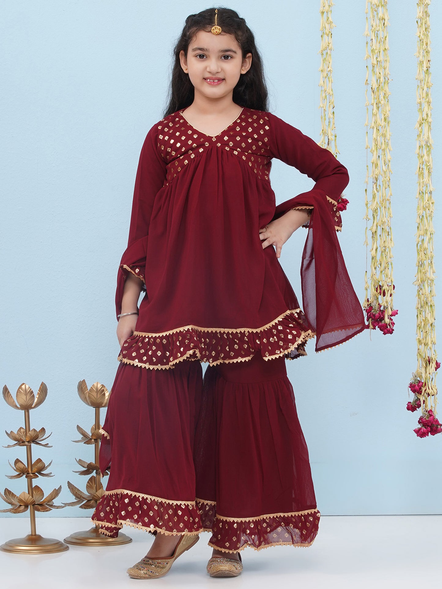 Kids Girls Maroon Block Print Georgette Sharara