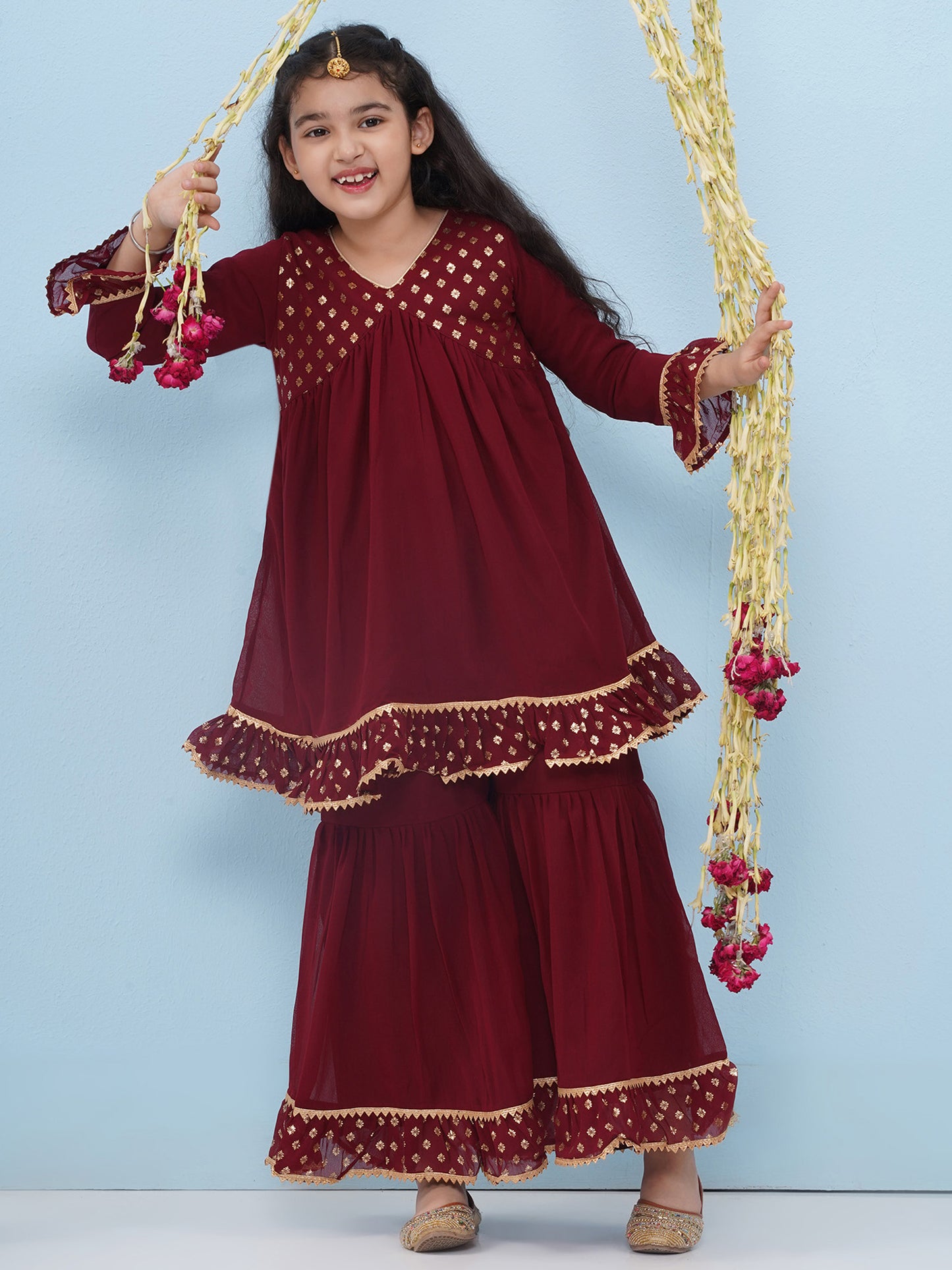 Kids Girls Maroon Block Print Georgette Sharara