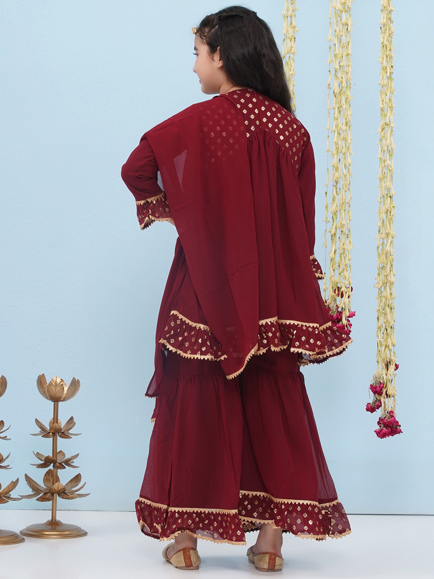 Kids Girls Maroon Block Print Georgette Sharara