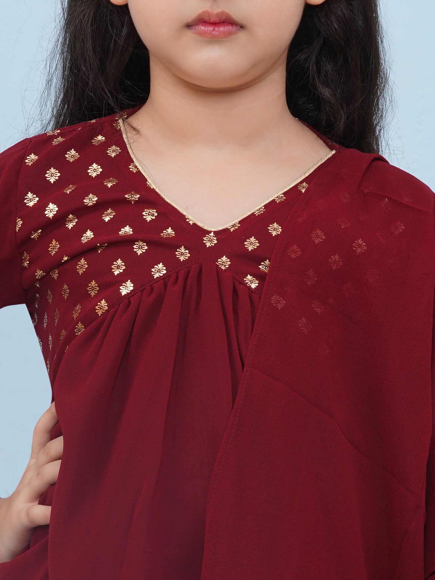 Kids Girls Maroon Block Print Georgette Sharara