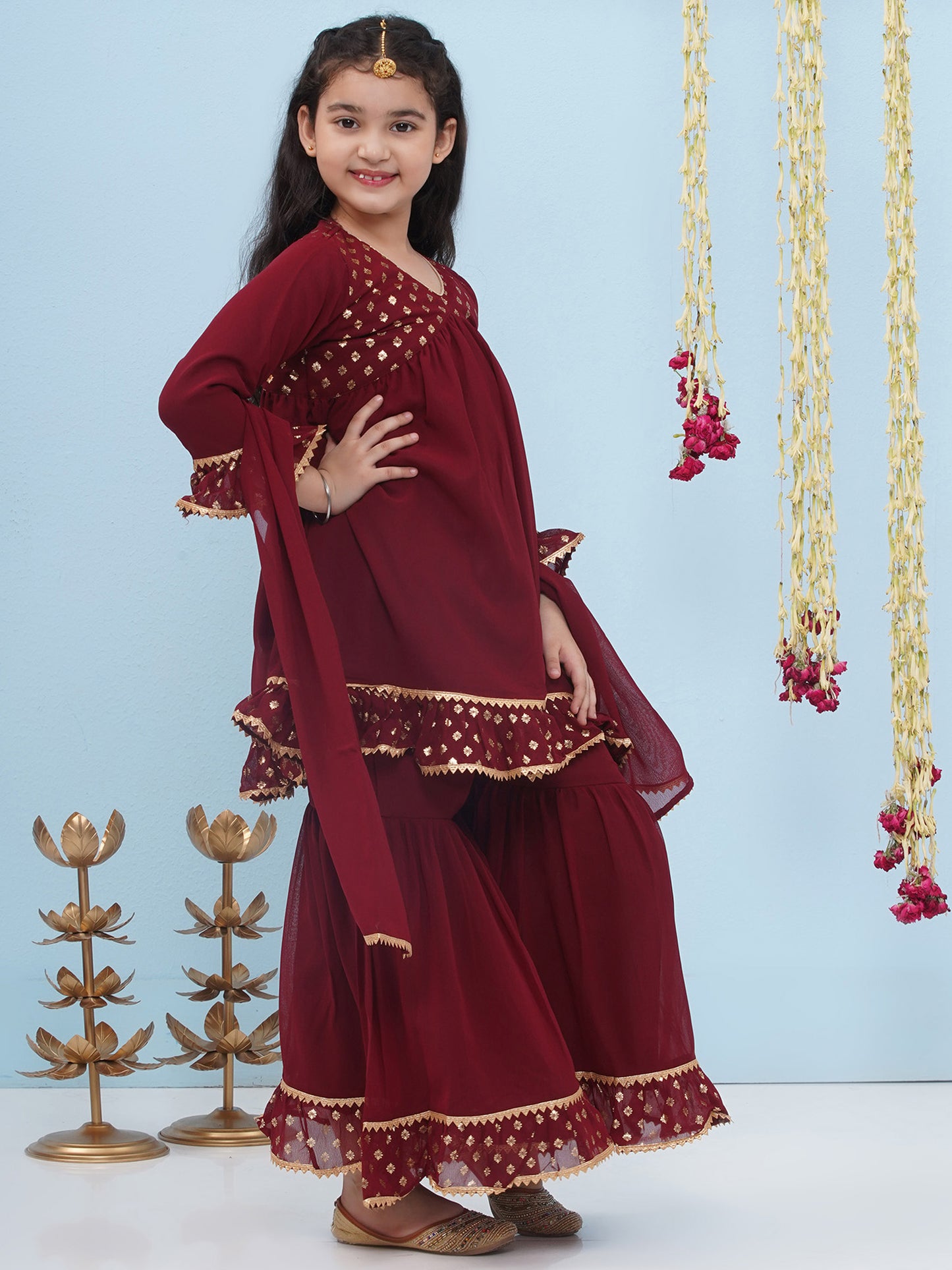 Kids Girls Maroon Block Print Georgette Sharara