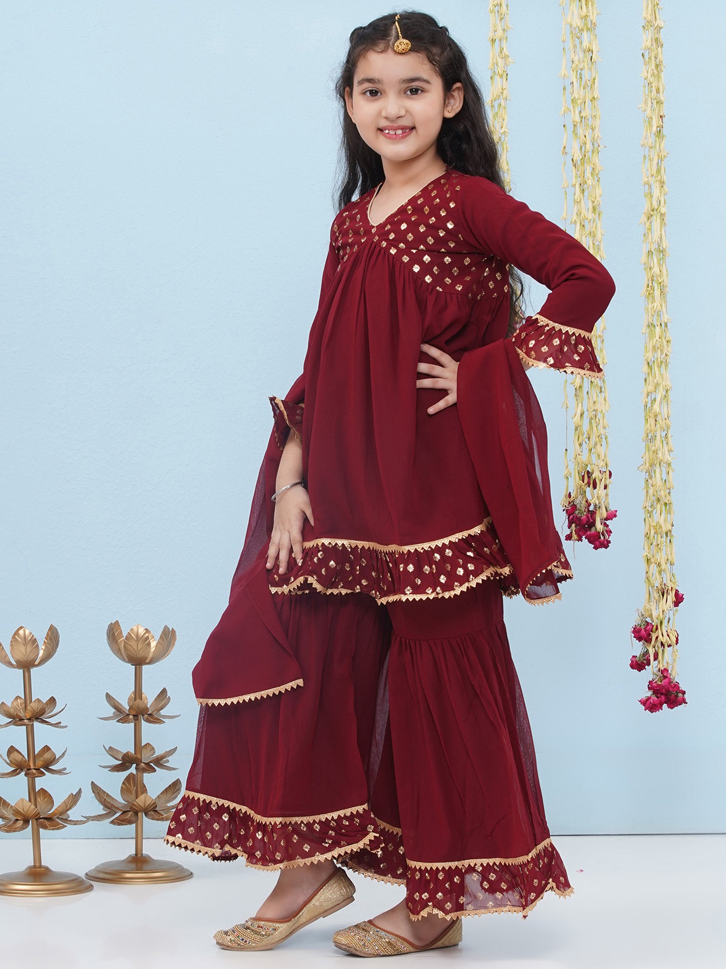 Kids Girls Maroon Block Print Georgette Sharara