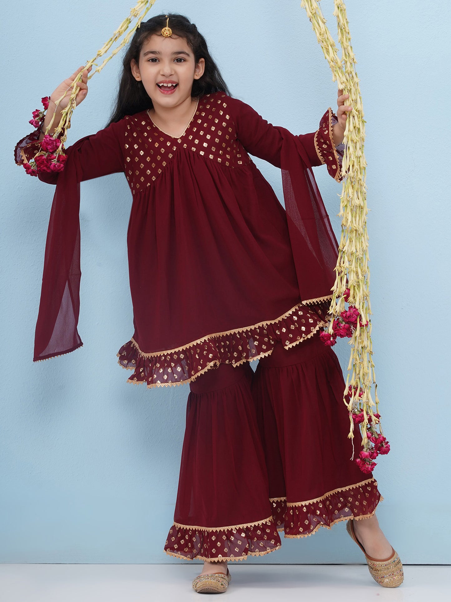 Kids Girls Maroon Block Print Georgette Sharara