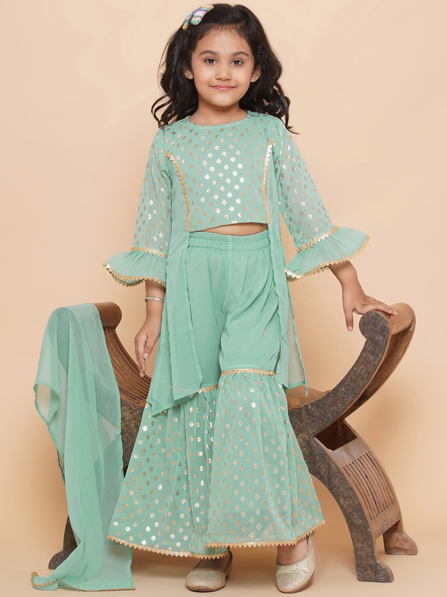 Kids Girls Green Floral Print Georgette Sharara
