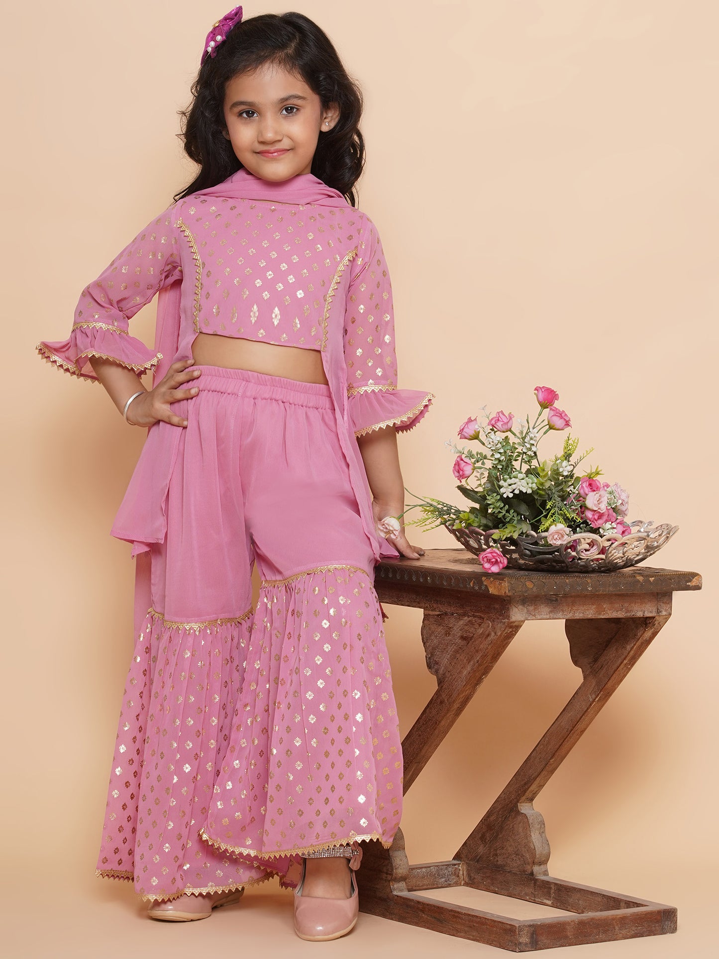 Kids Girls Pink Floral Print Georgette Sharara