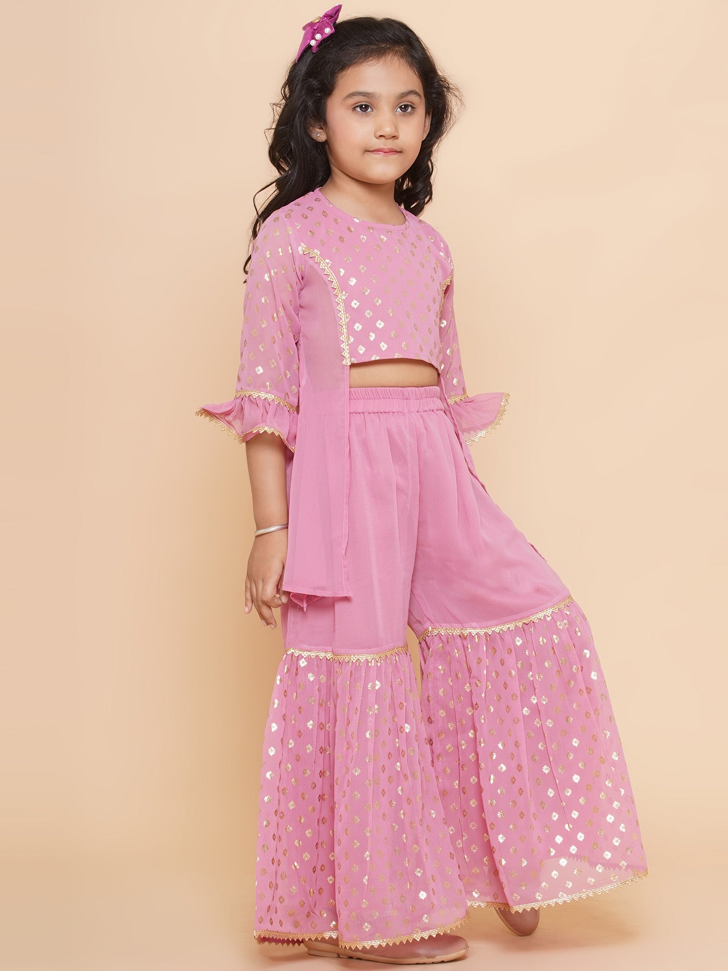 Kids Girls Pink Floral Print Georgette Sharara - AJ Dezines