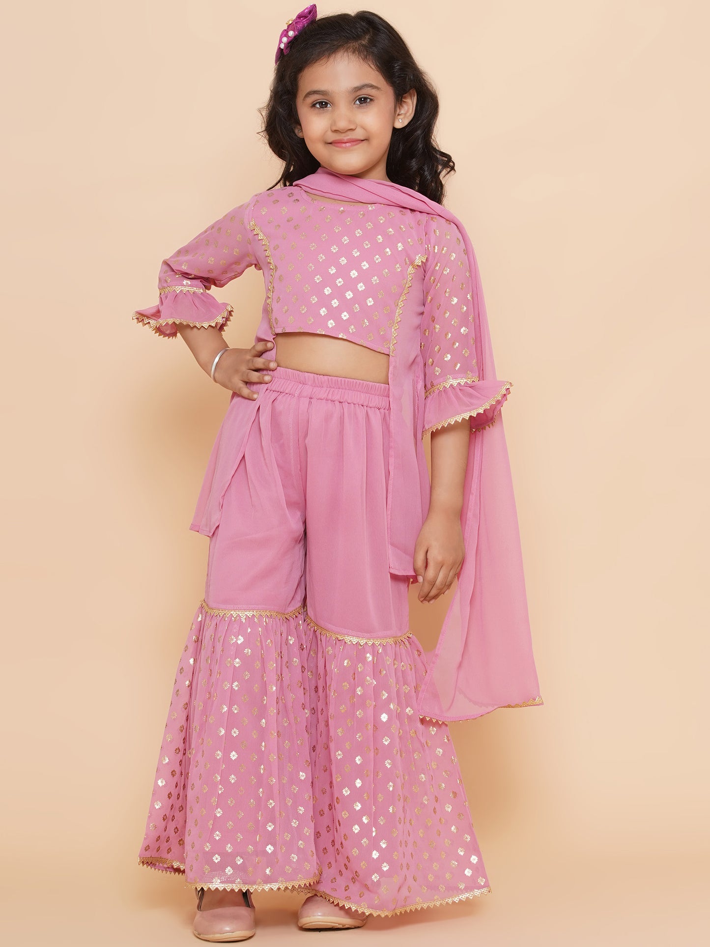 Kids Girls Pink Floral Print Georgette Sharara