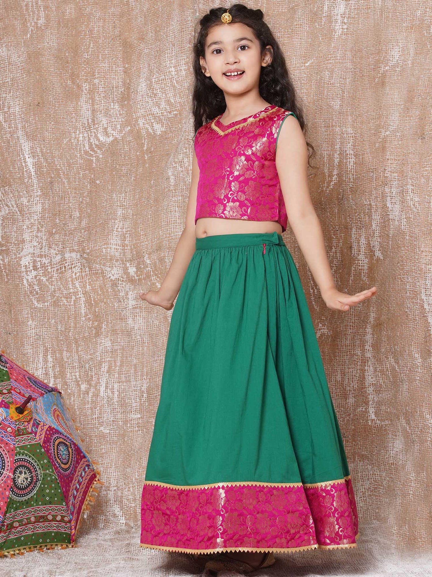 Boys Kurta Pyjamas with Waistcoat and Girls Lehenga Choli Sibling Sets-Green