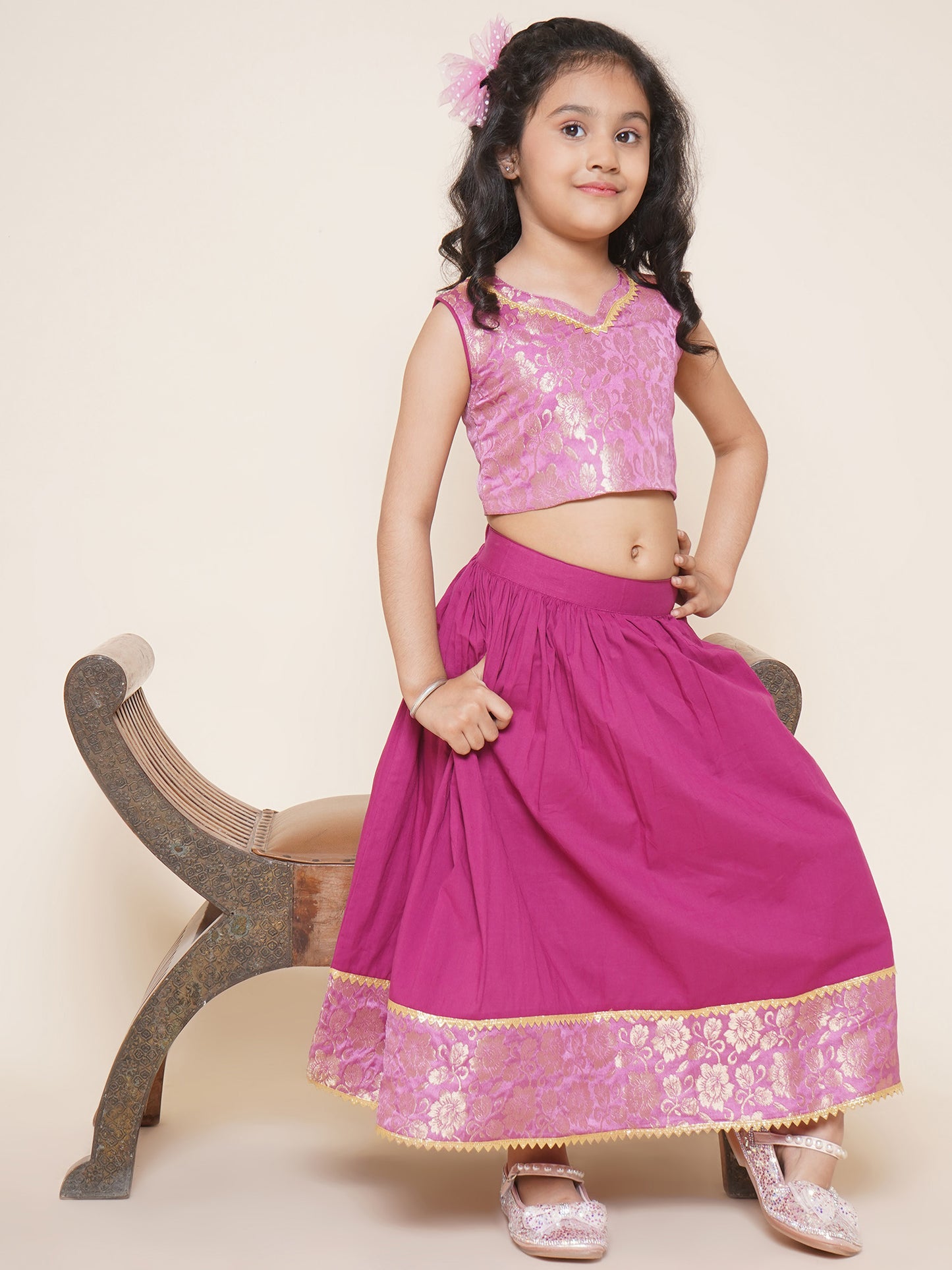 Boys Kurta Pyjamas with Waistcoat and Girls Lehenga Choli Sibling Sets-Pink