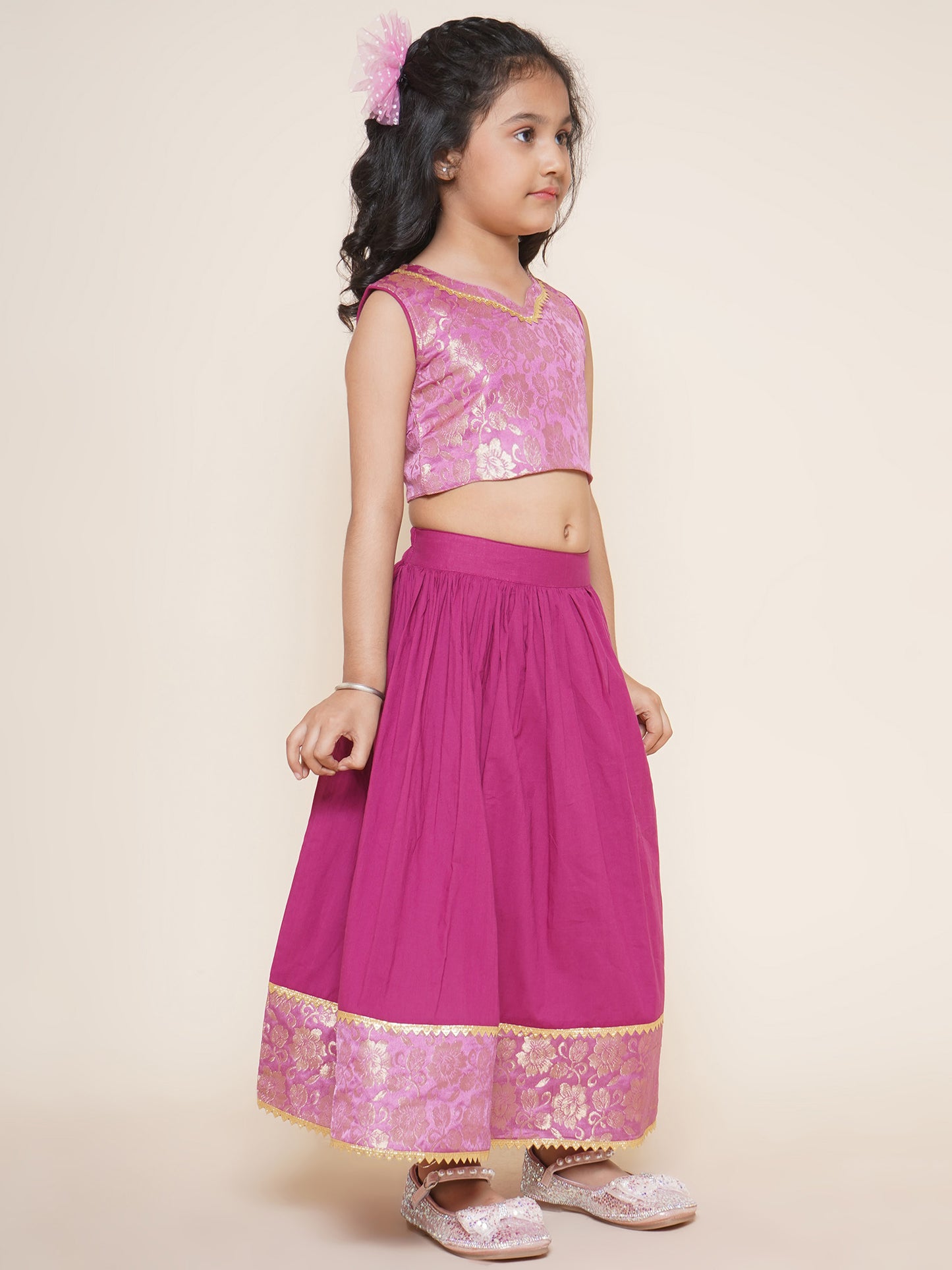 Boys Kurta Pyjamas with Waistcoat and Girls Lehenga Choli Sibling Sets-Pink