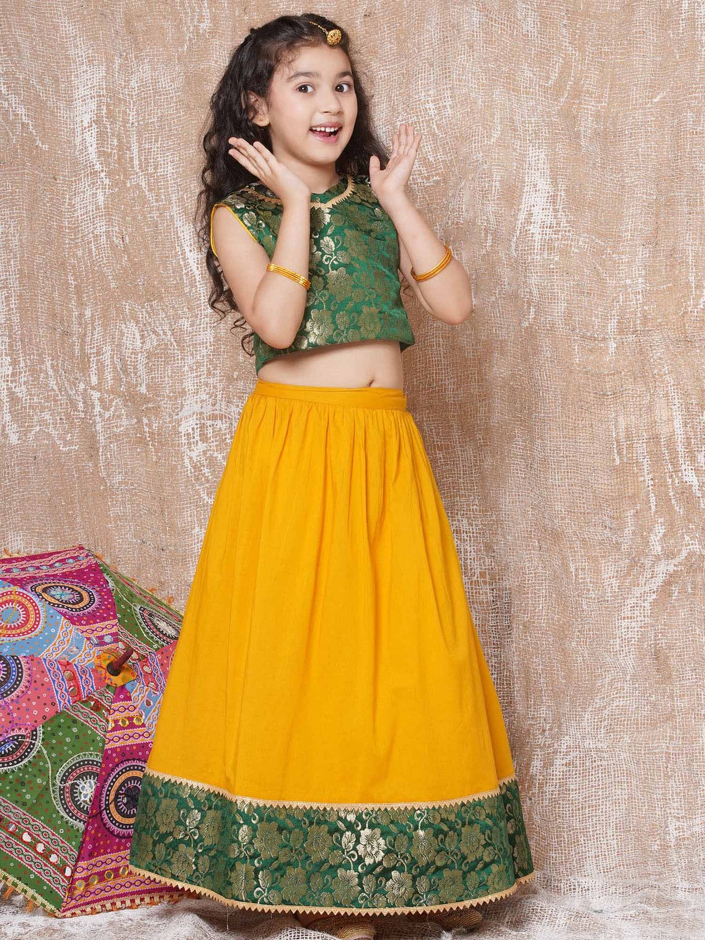 Boys Kurta Pyjamas with Waistcoat and Girls Lehenga Choli Sibling SetsYellow