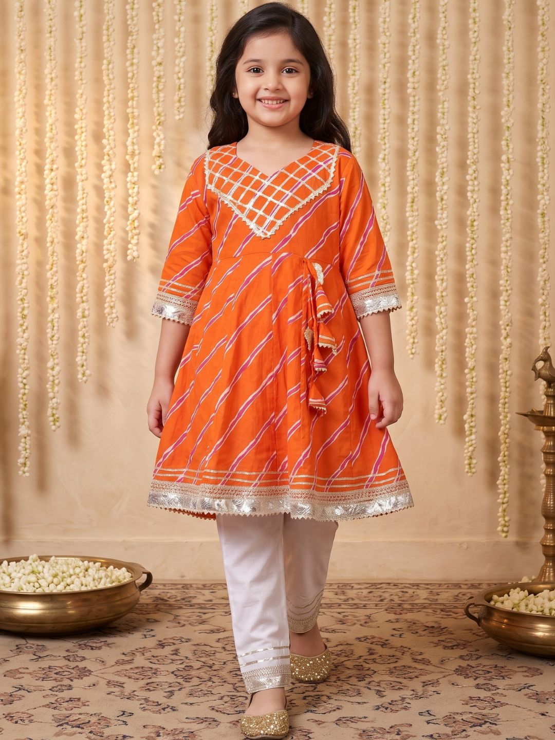 Kids Girls Orange Embroidered Cotton Suit Set