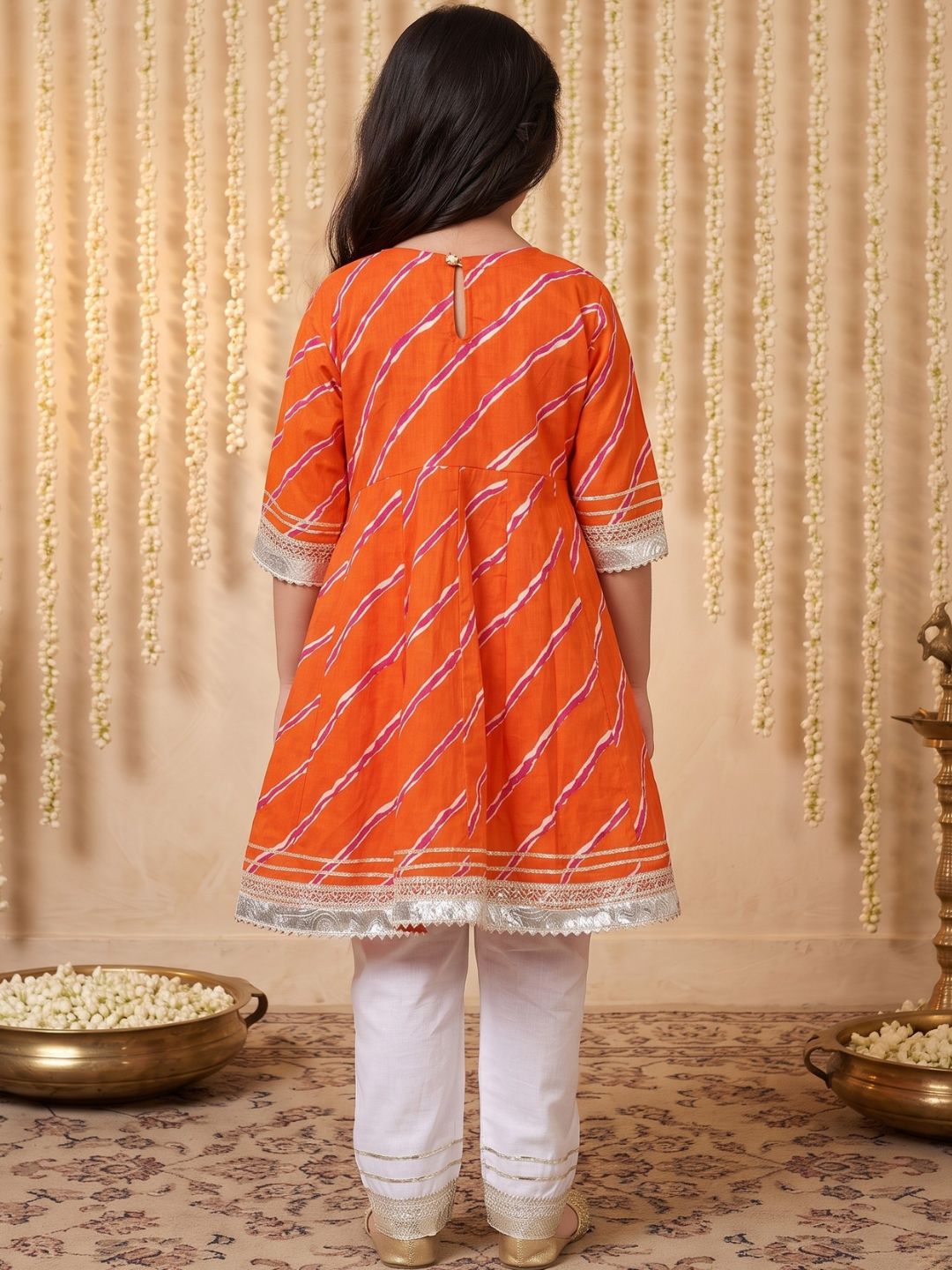 Kids Girls Orange Embroidered Cotton Suit Set