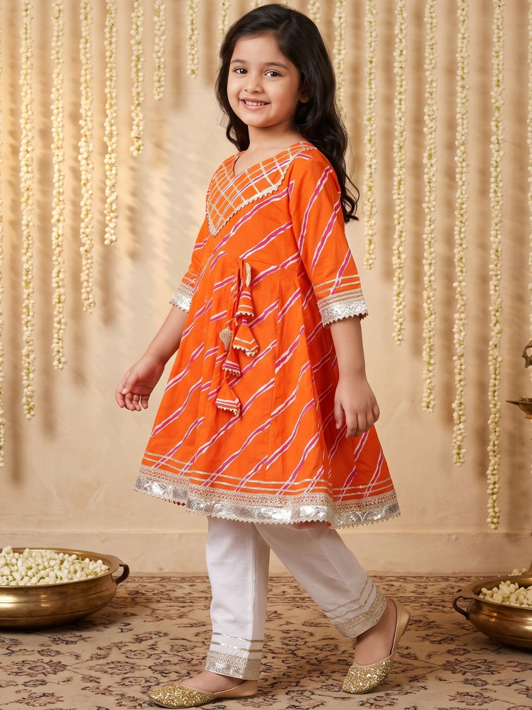 Kids Girls Orange Embroidered Cotton Suit Set