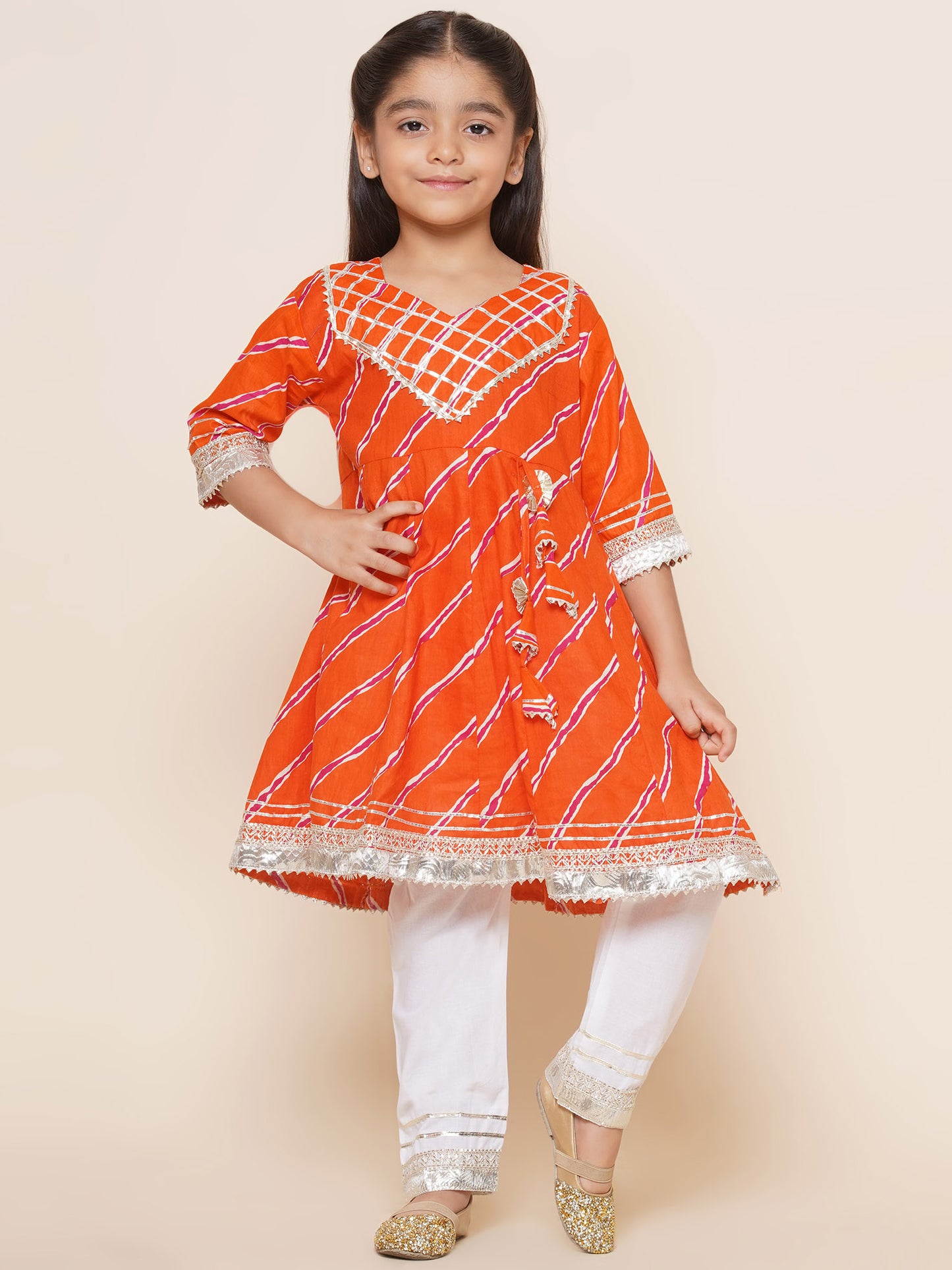 Girls Kids Cotton Orange Anarkali Kurta Pajama Set