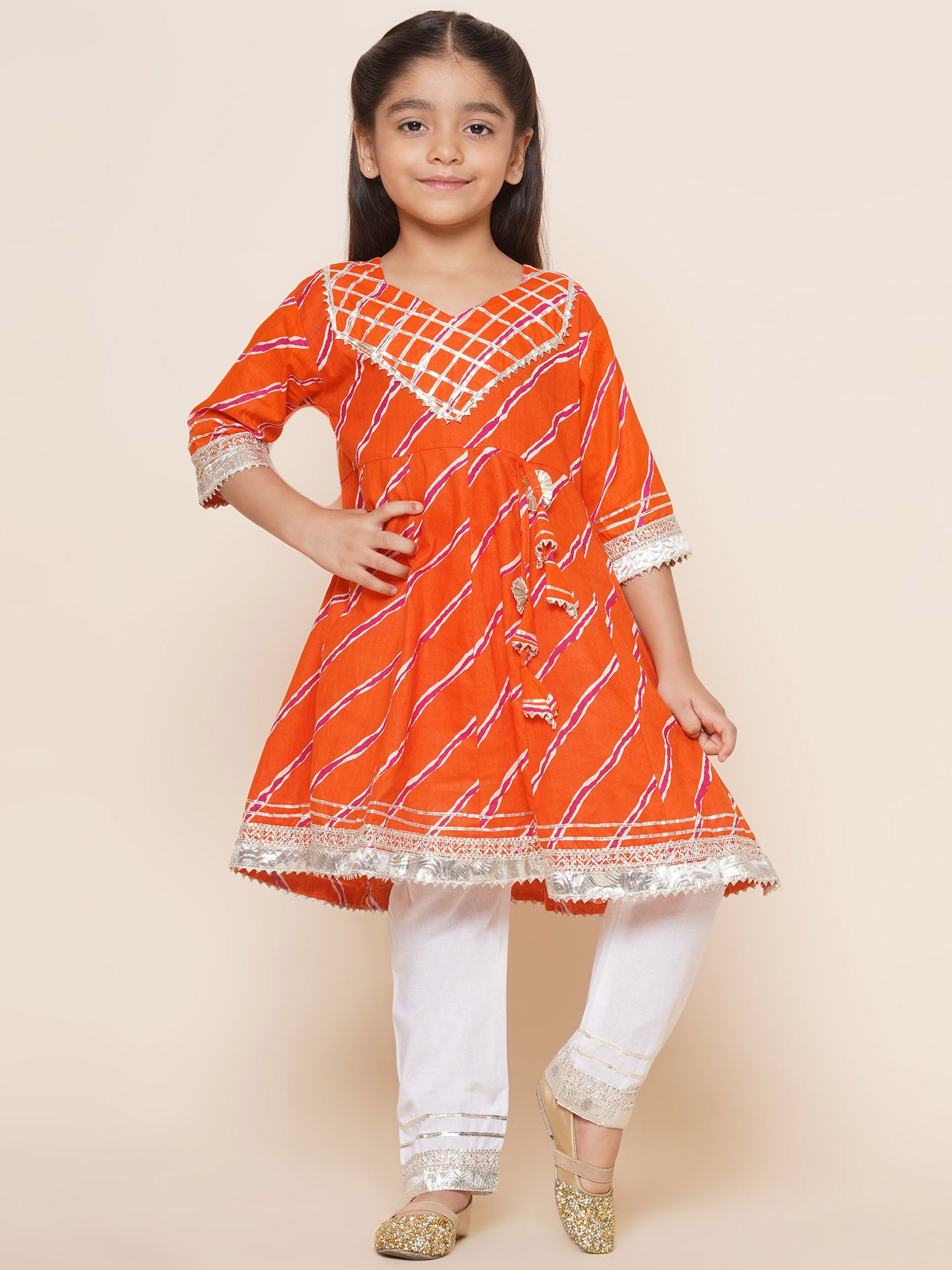 Kids Girls Orange Embroidered Cotton Suit Set